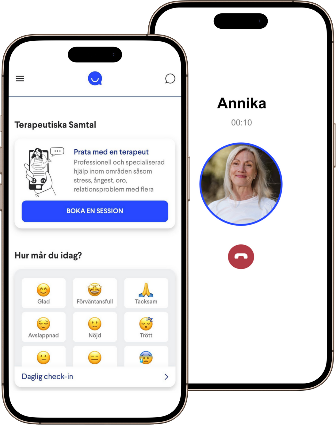 The BlueCall app is shown on two mobile screens, including features such as call therapy, daily check-ins and exercises.